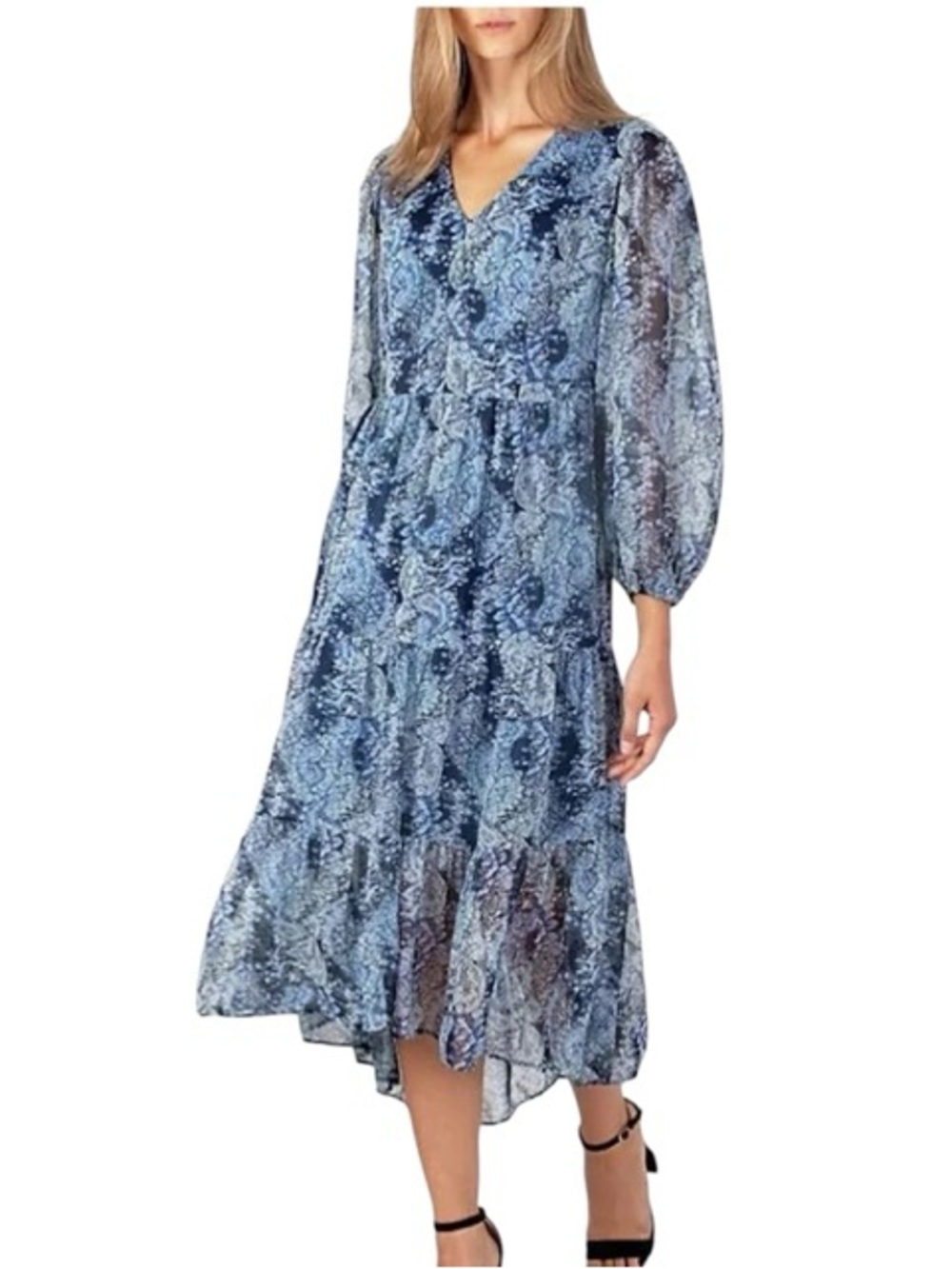 Joie Blue Paisley V-Neck Tiered Midi Dress